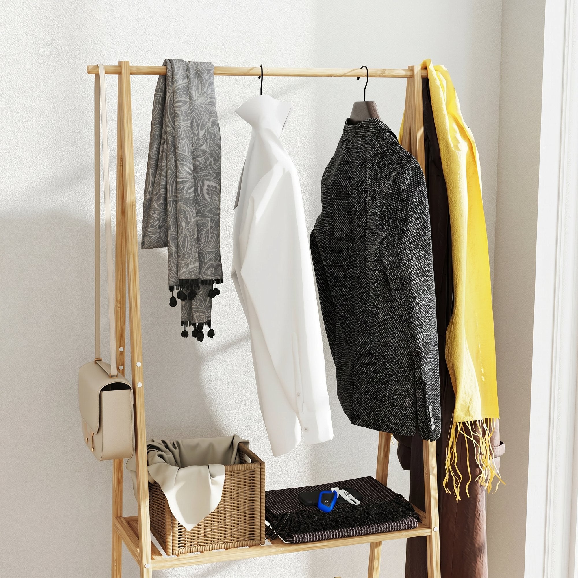 HOMCOM Bamboo Coat Rack with Shoe Shelf, 2 Hooks, Mobile Coat Stand for Entryway, Living Room, Natural
