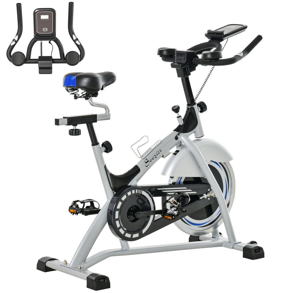 Professional Indoor Exercise Bike with LCD Monitor and 15kg Flywheel, Adjustable Saddle and Handlebar, 124x50x105-111cm, Silver Black