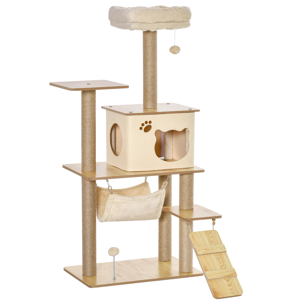 Multi-Level Cat Tree with House, Hammock, Ladder and Jute Ropes, Plush Cover, 60x40x130cm, Yellow