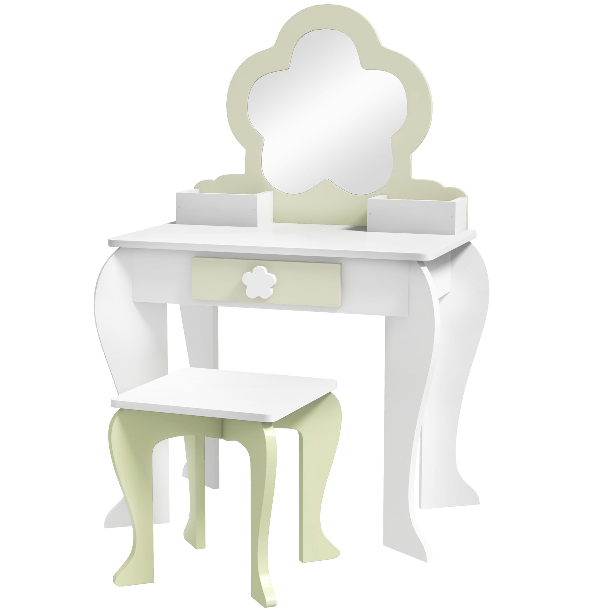 Girls' Dressing Table Set with Makeup Mirror and Matching Stool, Wooden Drawer and Storage, White