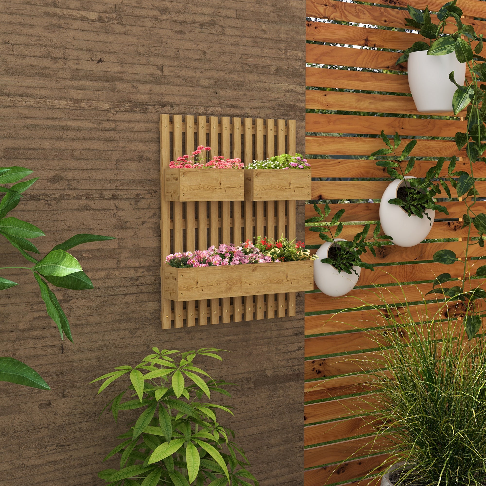 Vertical Slatted Planter with 3 Removable Pots, in Fir Wood, 60x16x80 cm, Burnt Brown