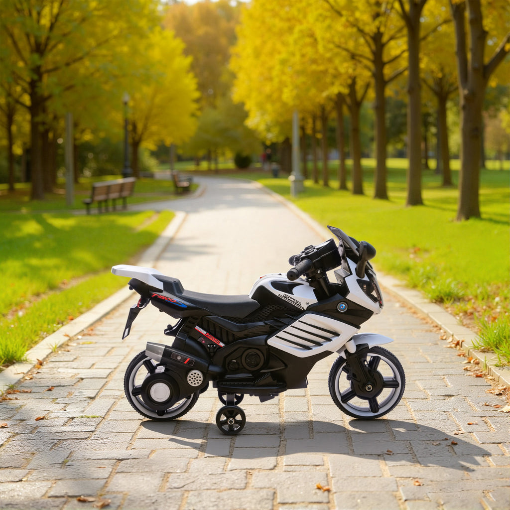 6V Electric Motorcycle for Kids with Removable Training Wheels, Headlights and Music, Ages 18-36 Months, White