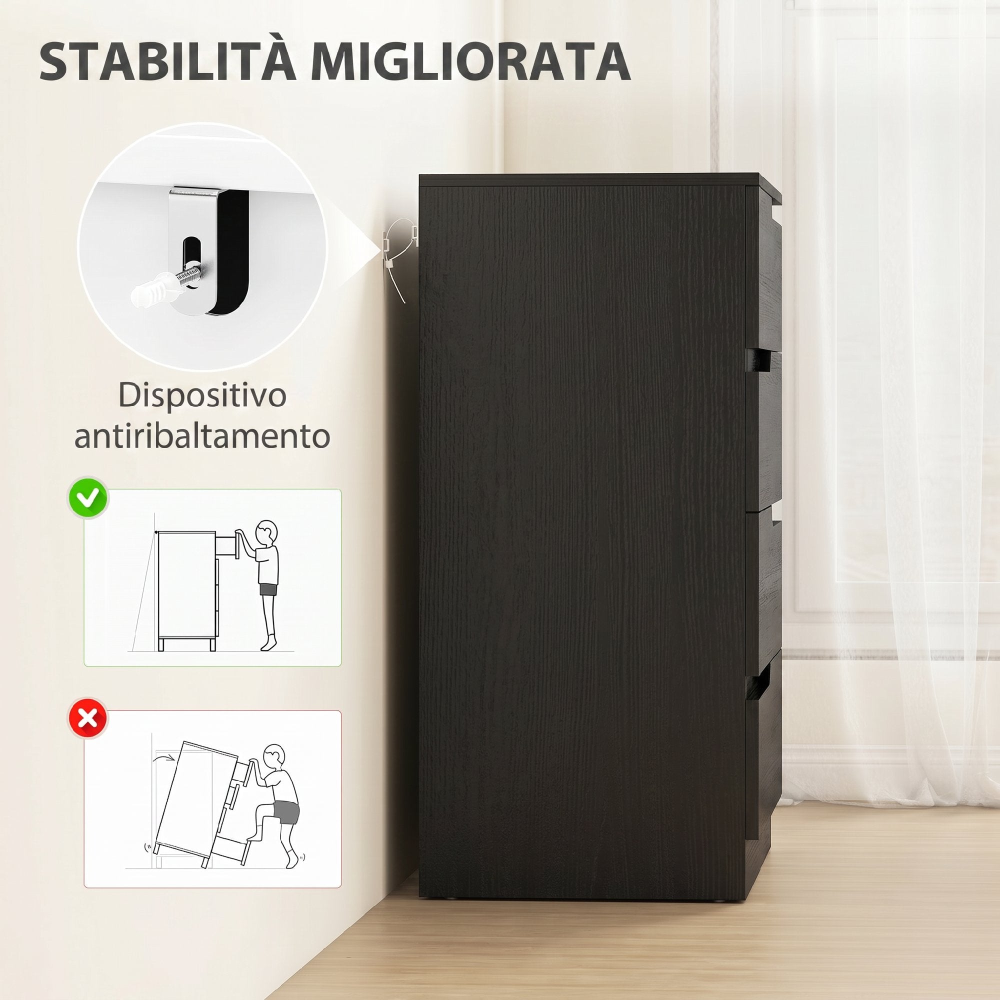 HOMCOM Modern and Minimalist 4-Drawer Wooden Chest of Drawers, 60x40x85 cm, Glossy Black