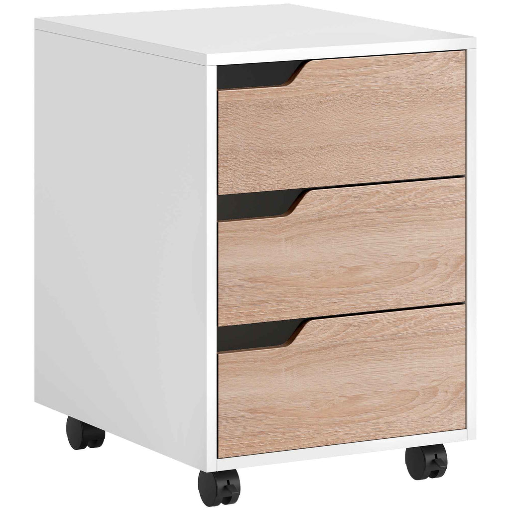 HOMCOM MDF Chest of Drawers with 3 Drawers and Wheels for Office or Study, White and Wood, 40x50x57.5cm