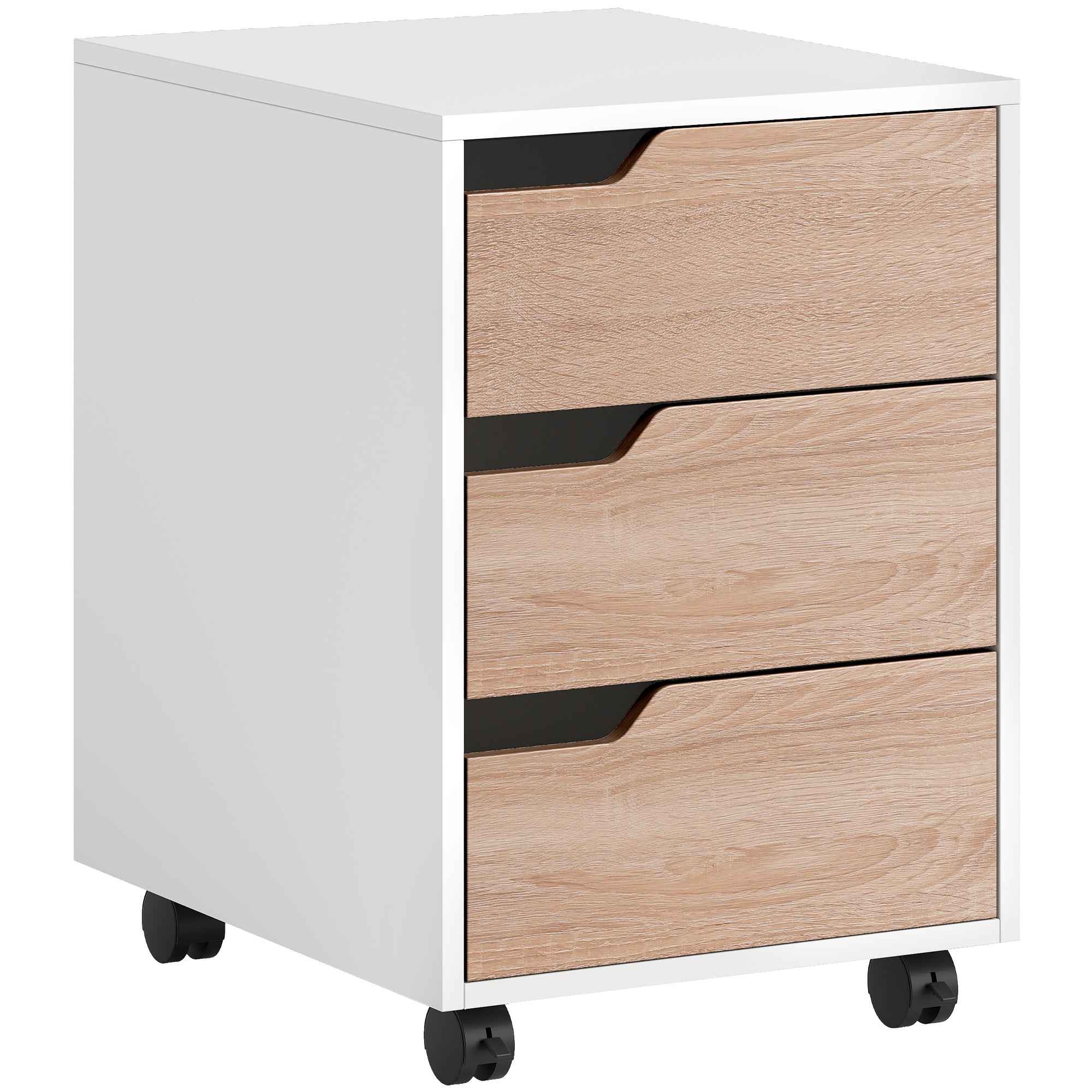 HOMCOM MDF Chest of Drawers with 3 Drawers and Wheels for Office or Study, White and Wood, 40x50x57.5cm