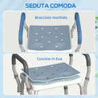 Adjustable Shower Stool with Armrests and Drainage Holes, Made of Aluminum, HDPE and EVA, 52x45x57-69 cm