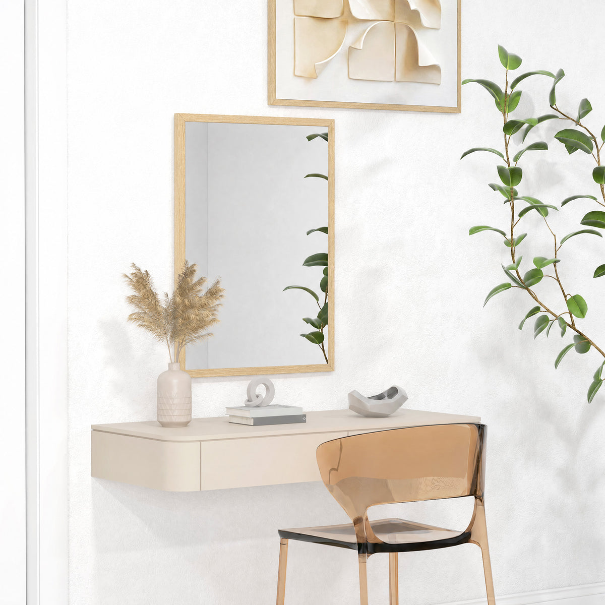 HOMCOM Rectangular Wall Mirror with Hooks, Glass and MDF Wall Mirror, 50x70 cm, Wood Color