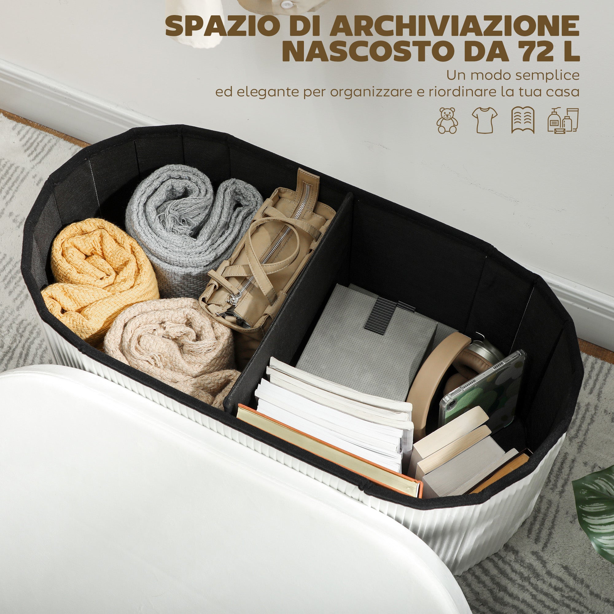 HOMCOM Foldable Storage Ottoman with 72L Compartment and Velvet Upholstery, 76x38x35 cm, Cream