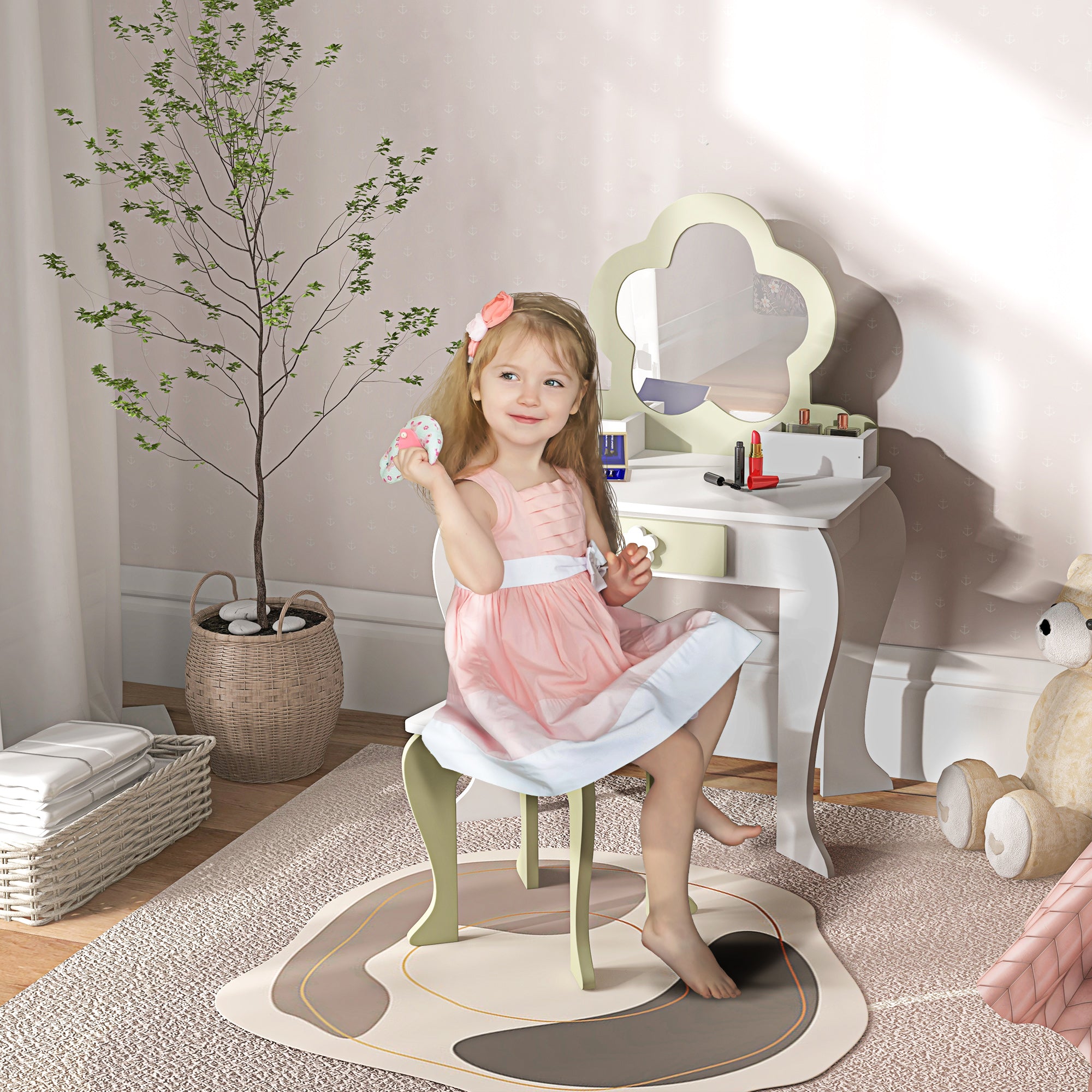 Girls' Dressing Table Set with Makeup Mirror and Matching Stool, Wooden Drawer and Storage, White