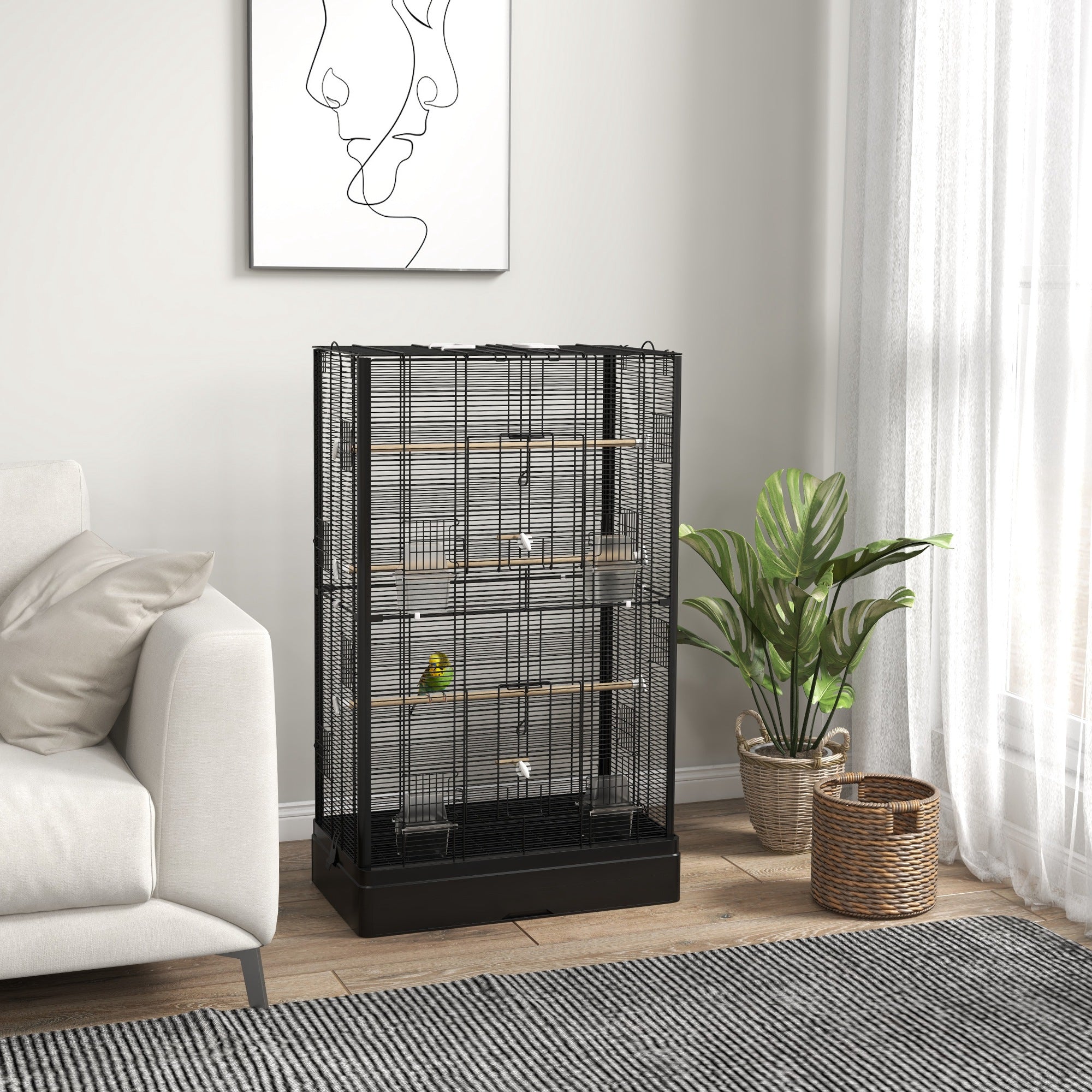 Bird Cage with Removable Tray and Perches, Parrot Aviary, 61x36.5x98cm, Black