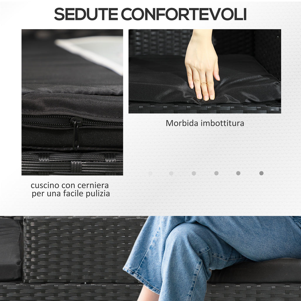 2-Seater Outdoor Sofa with Coffee Table, in Steel and PE Rattan, 137x59x82 cm, Black - Borgè
