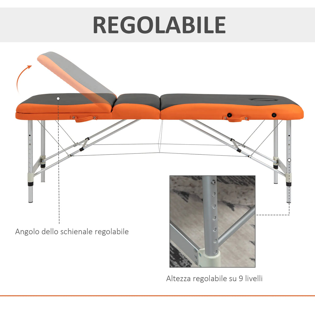 Foldable Massage and Beauty Table / Couch with Adjustable Height, Professional Massage Bed in Aluminum and Plastic, 215x60x61-84 cm, Black and Orange - Borge' Group Limited