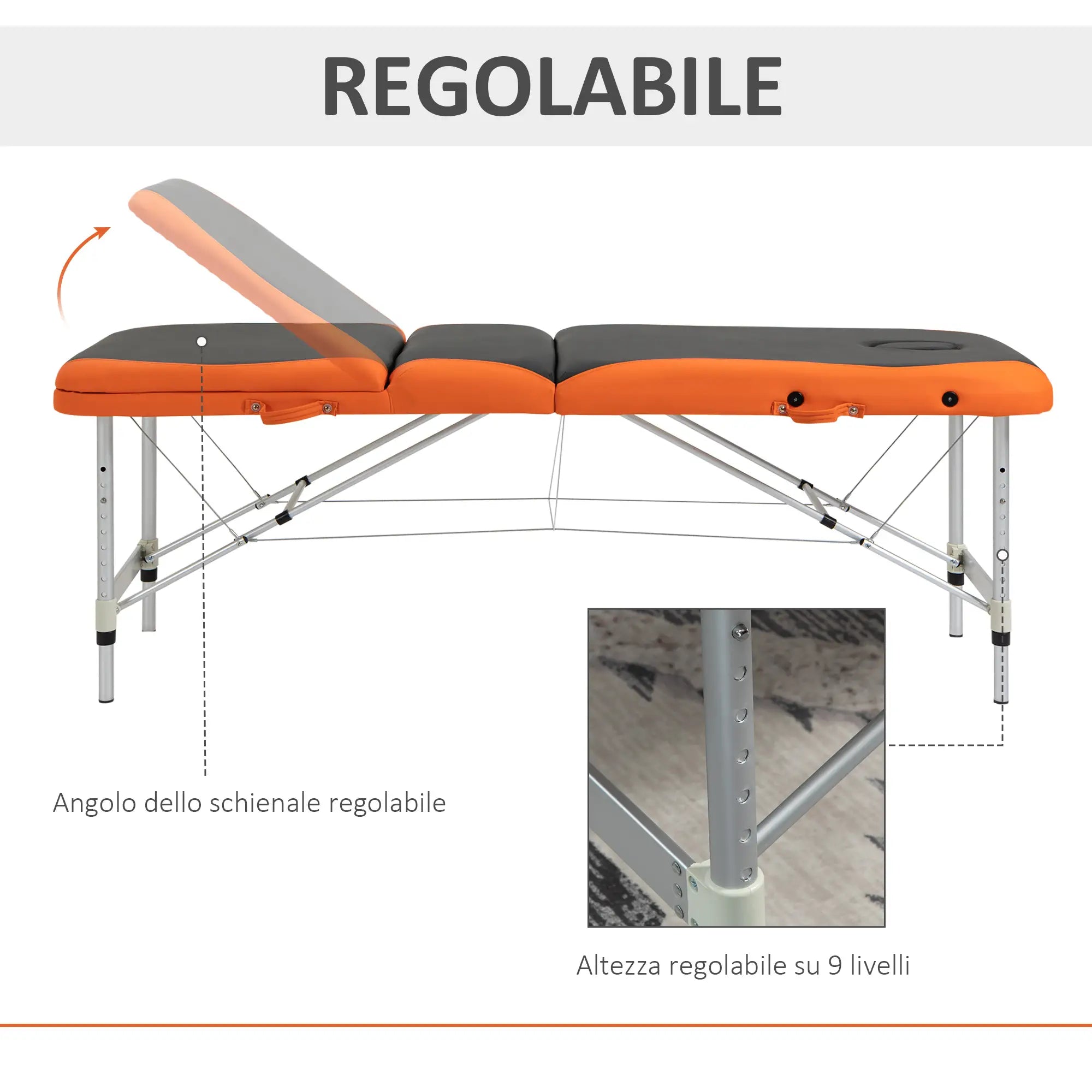 Foldable Massage and Beauty Table / Couch with Adjustable Height, Professional Massage Bed in Aluminum and Plastic, 215x60x61-84 cm, Black and Orange - Borge' Group Limited