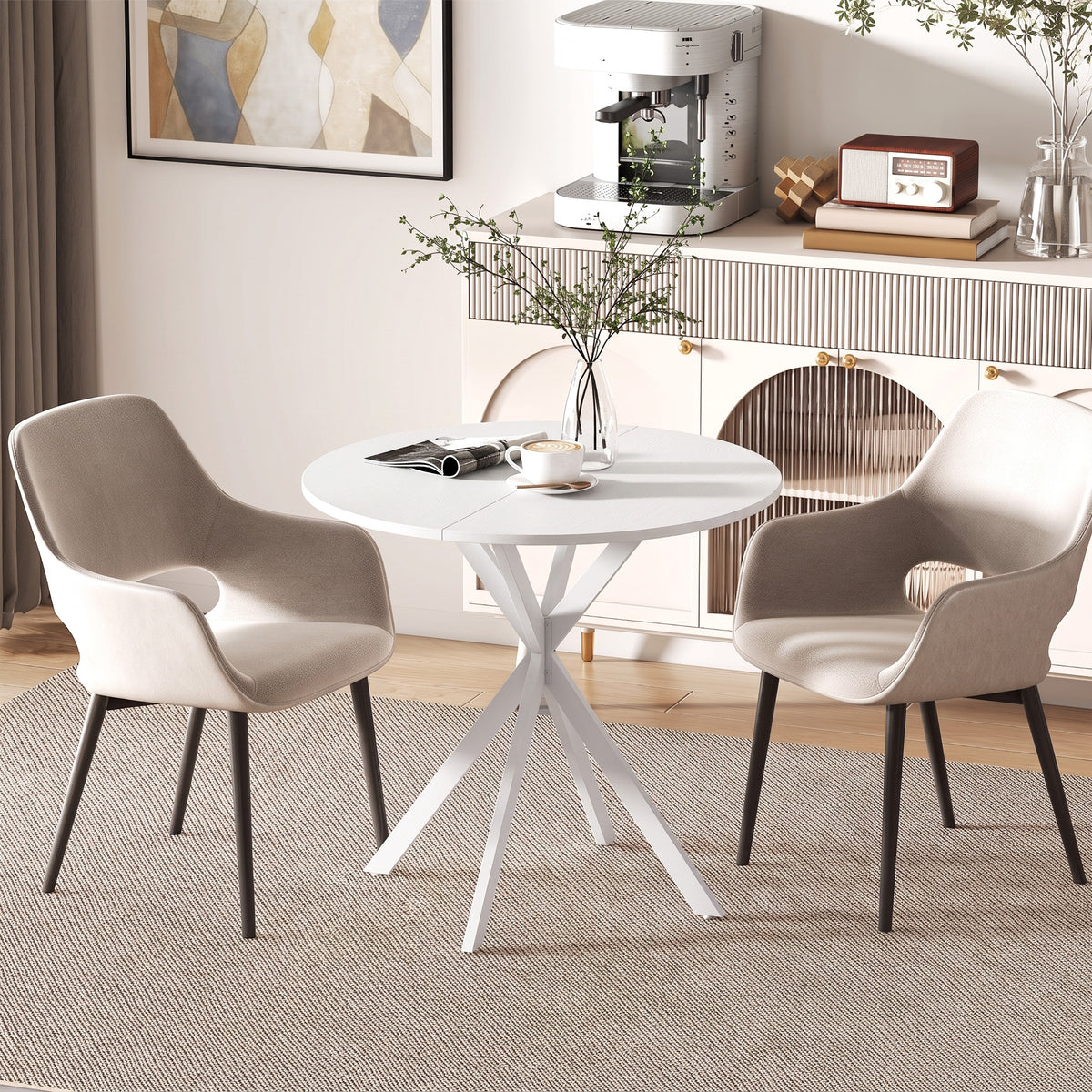 HOMCOM Industrial Style Round Dining Table with Steel Cross Legs, Ø80x75 cm, White