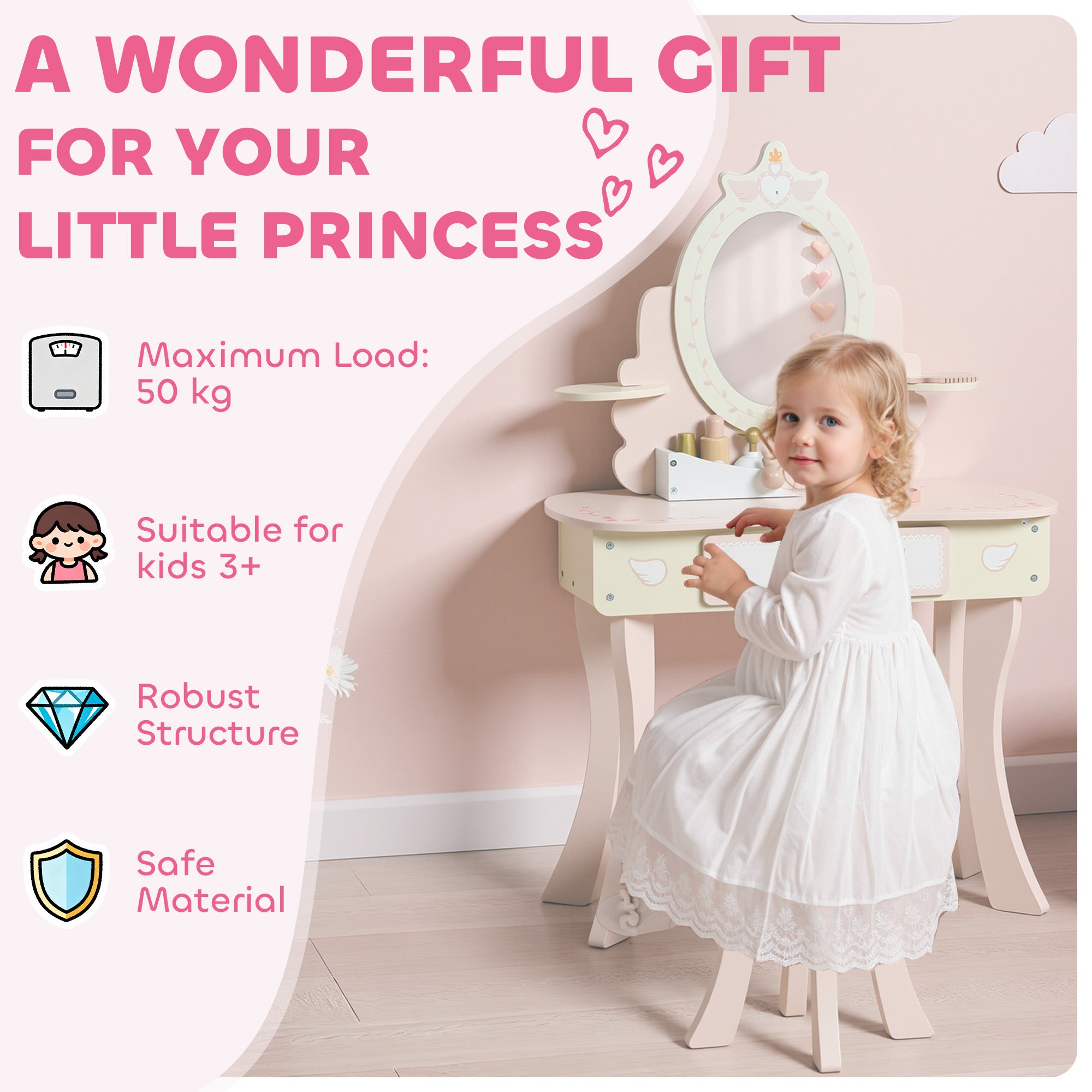 2-in-1 Wooden Dressing Table and Stool Set for Kids with 7 Accessories Included, Pink