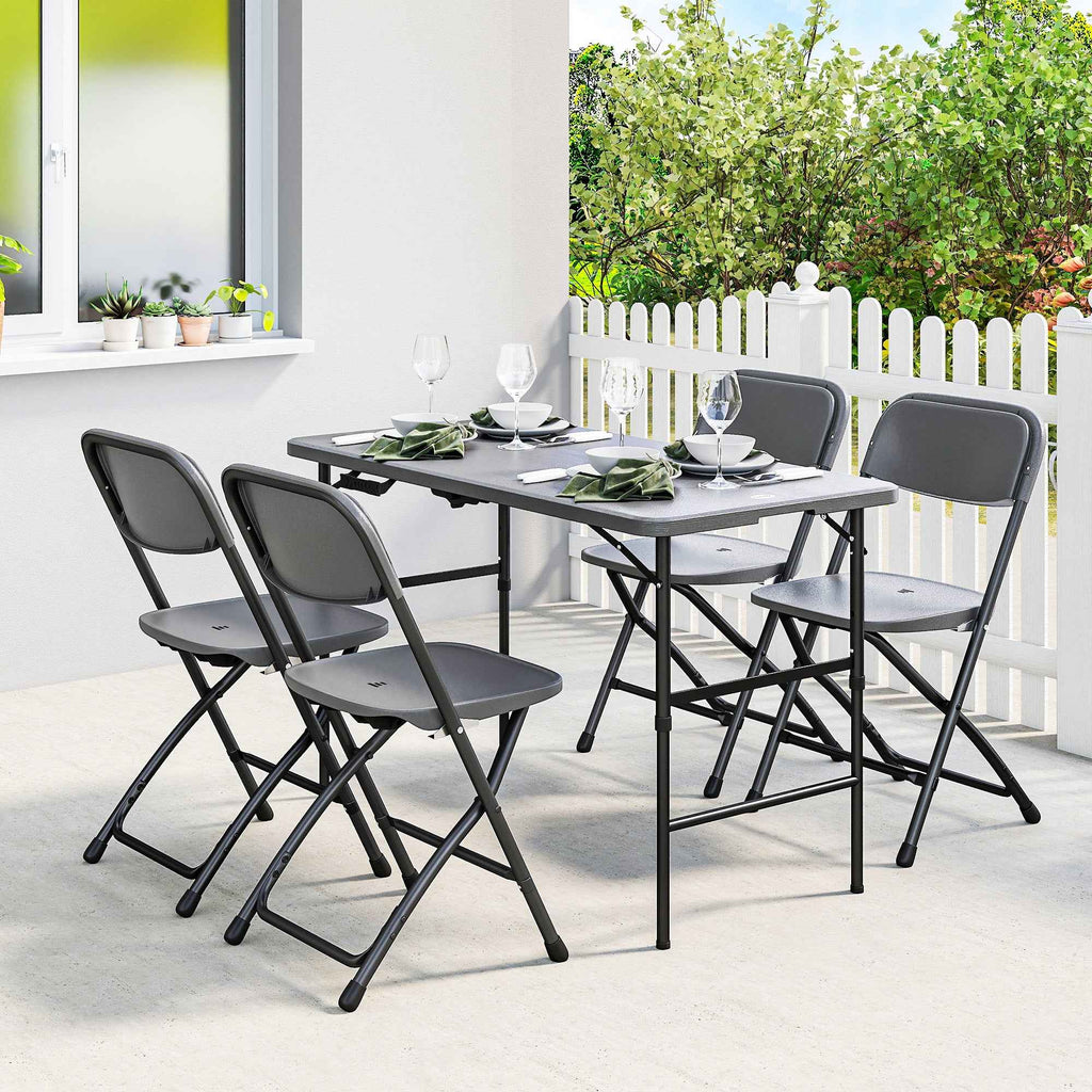 Outsunny Adjustable Garden Table and 4 Folding Chairs Set in Wood Effect HDPE, Dark Grey