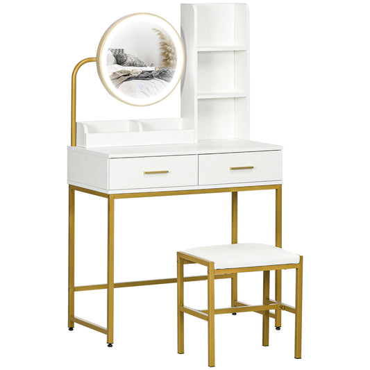 Dressing Table Makeup Table with LED Illuminated Mirror and Stool, Drawers and Shelves, White