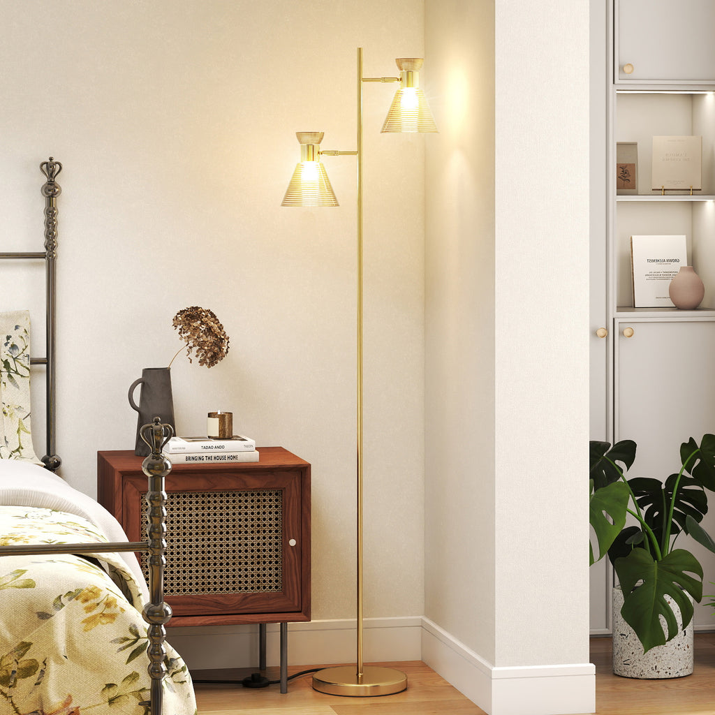 Modern Floor Lamp with 2 Lights and Adjustable Heads, Foot Switch, Gold