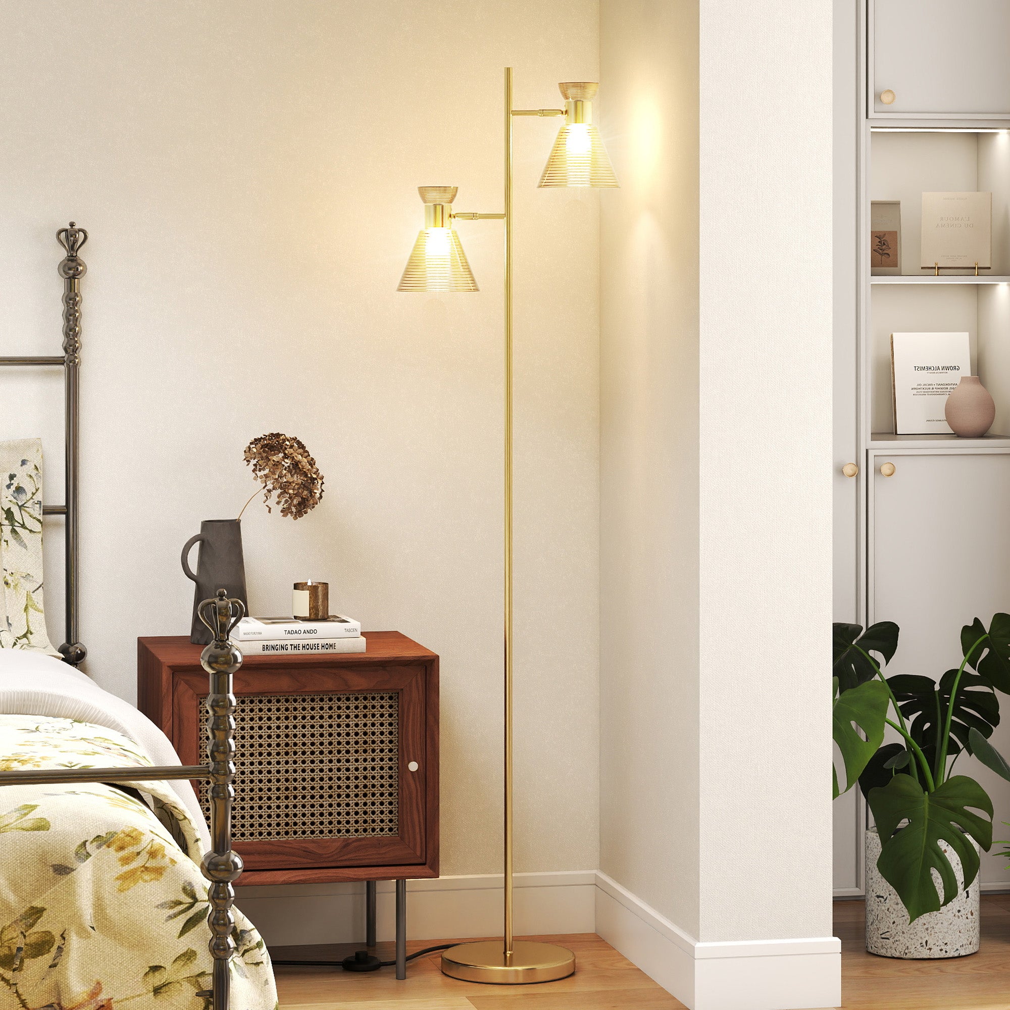 Modern Floor Lamp with 2 Lights and Adjustable Heads, Foot Switch, Gold