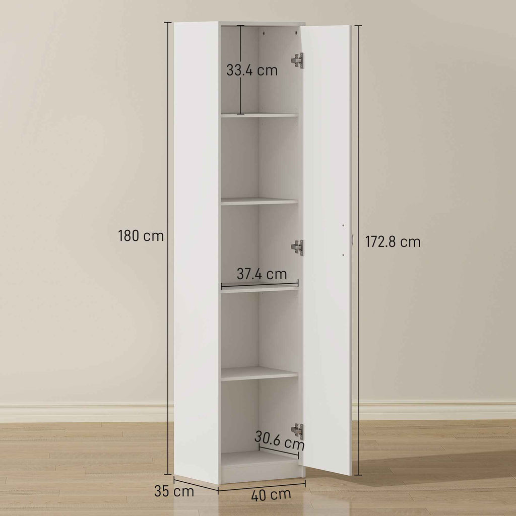 HOMCOM 5-Tier Slim Kitchen Cabinet with Adjustable Interior Space, Wooden, 40x35x180 cm, White