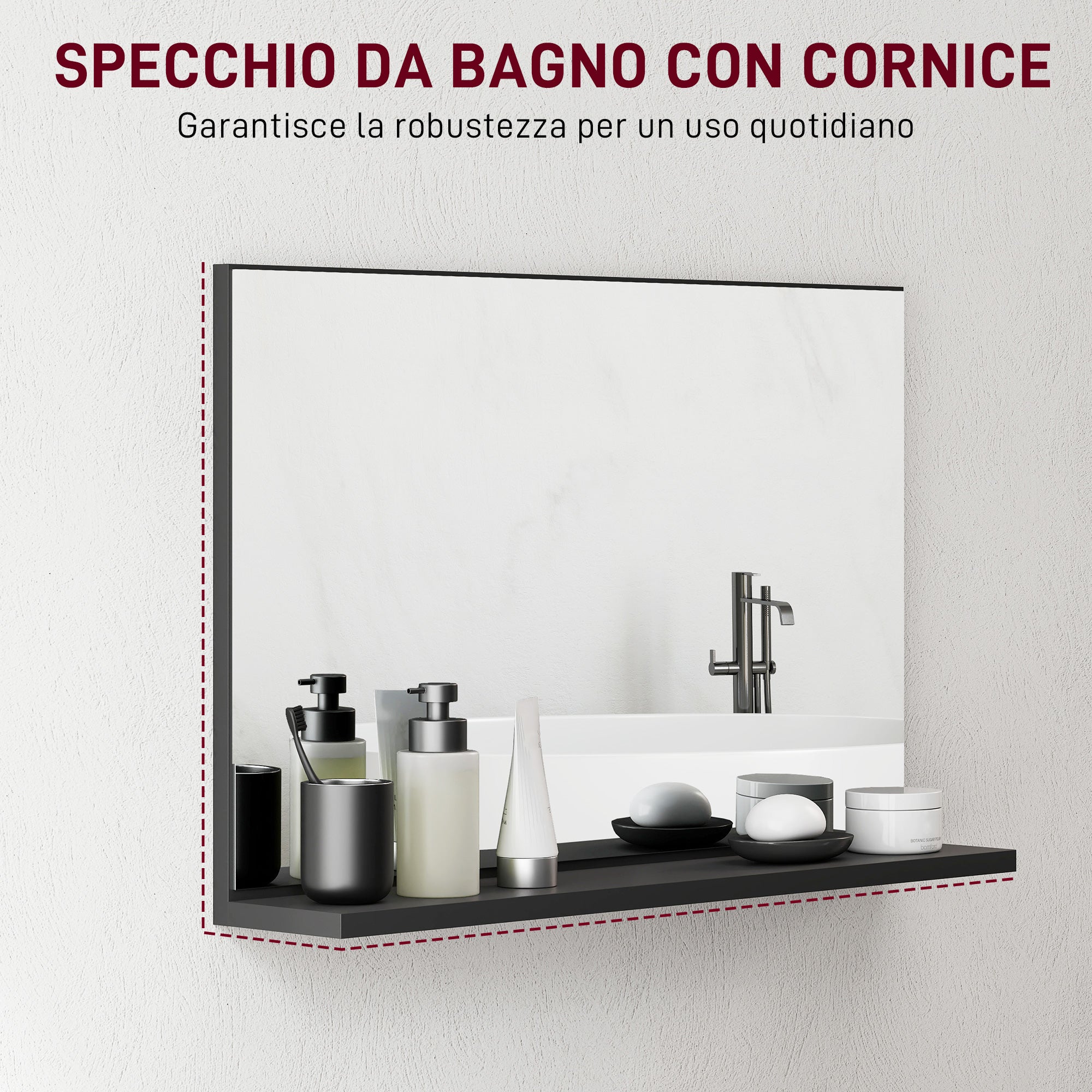 Wall-Mounted Bathroom Mirror with Shelf, Modern and Multipurpose Design, 60x12x40 cm, Black