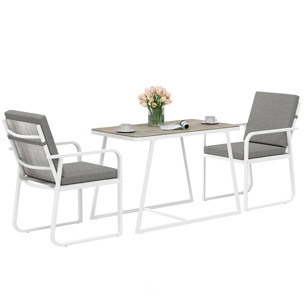 3 Piece Outdoor Set with 2 Chairs with Armrests and Cushions and Glass Top Table, White