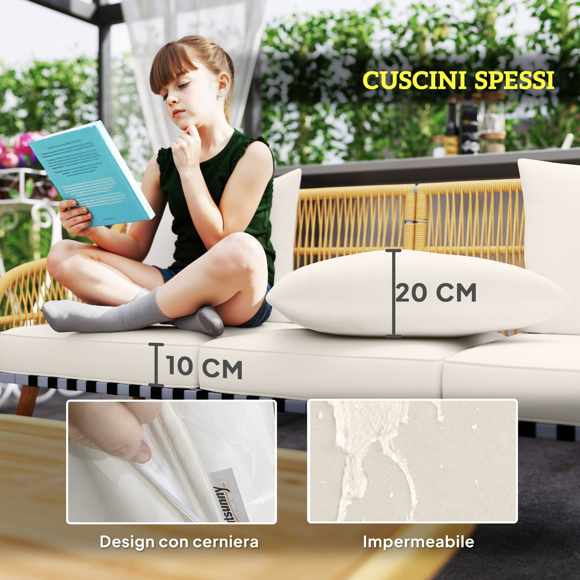 4 Piece Garden Set with 3 Seater Sofa, 2 Armchairs and Coffee Table in PE Rattan and Multi-Coloured Steel