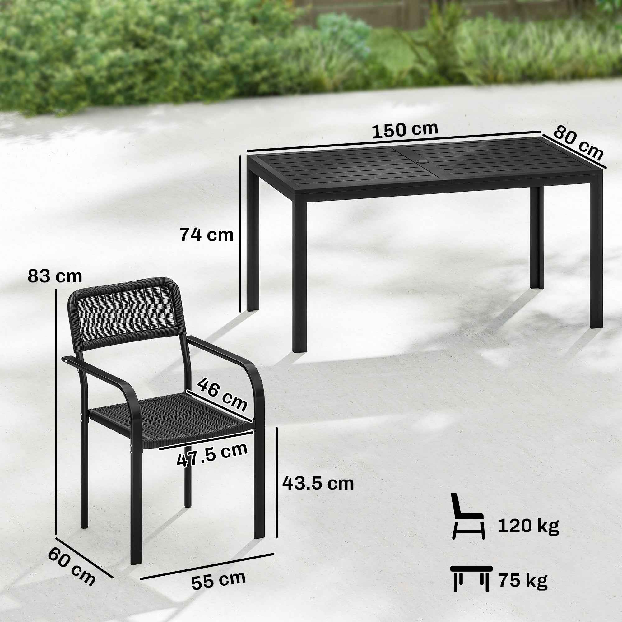 Outsunny Outdoor Dining Set, Table with Umbrella Hole and 6 Chairs, Black