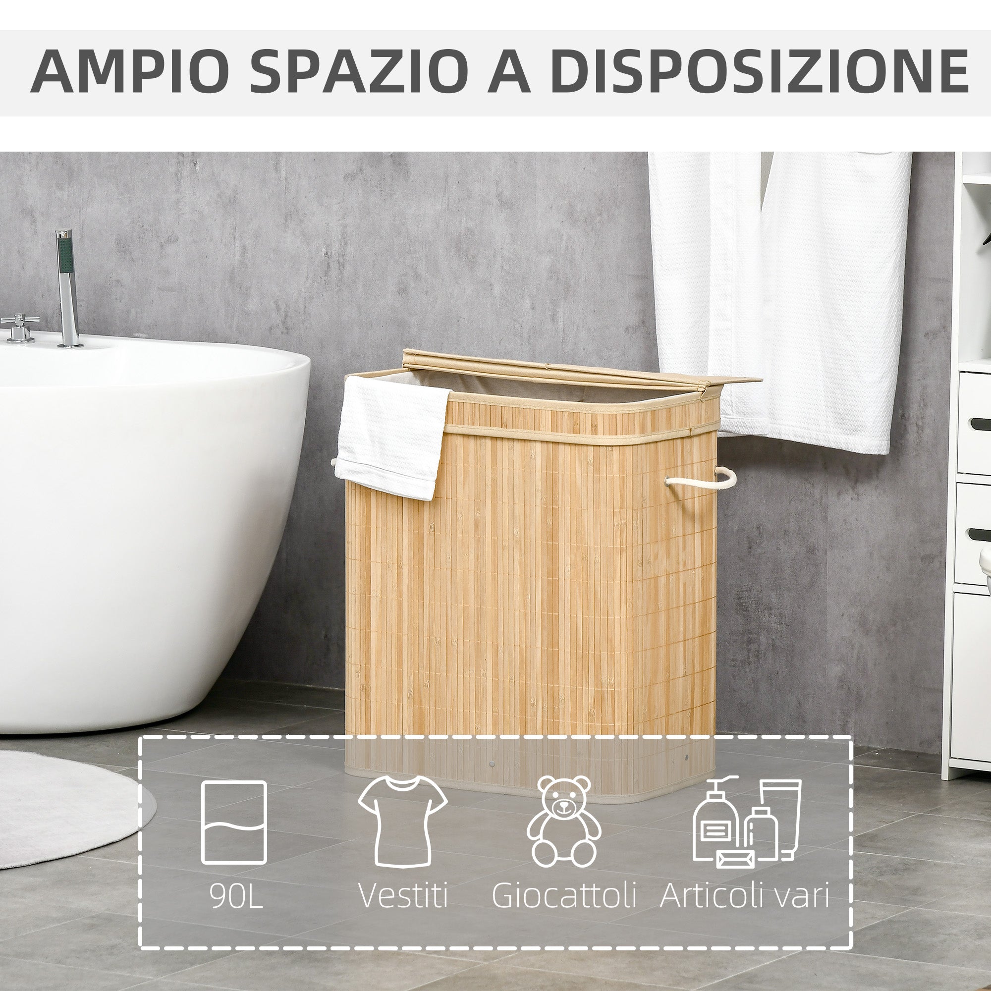 90L Foldable Laundry Basket with 2 Compartments, Bamboo Lid and Handles