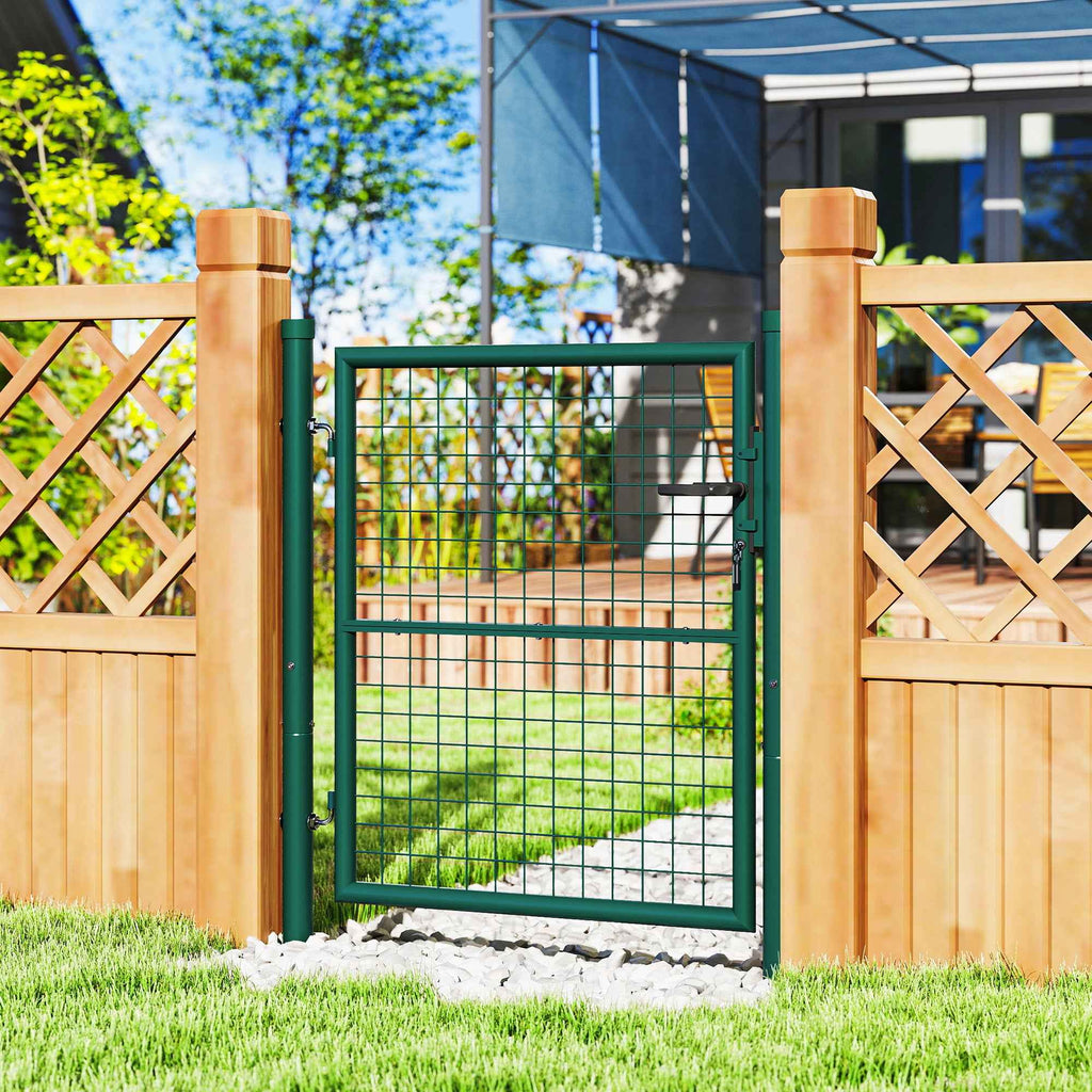 Outsunny Steel Garden Gate 97x150 cm, Garden Gate with Lock, 3 Keys, Handle and 2 Posts