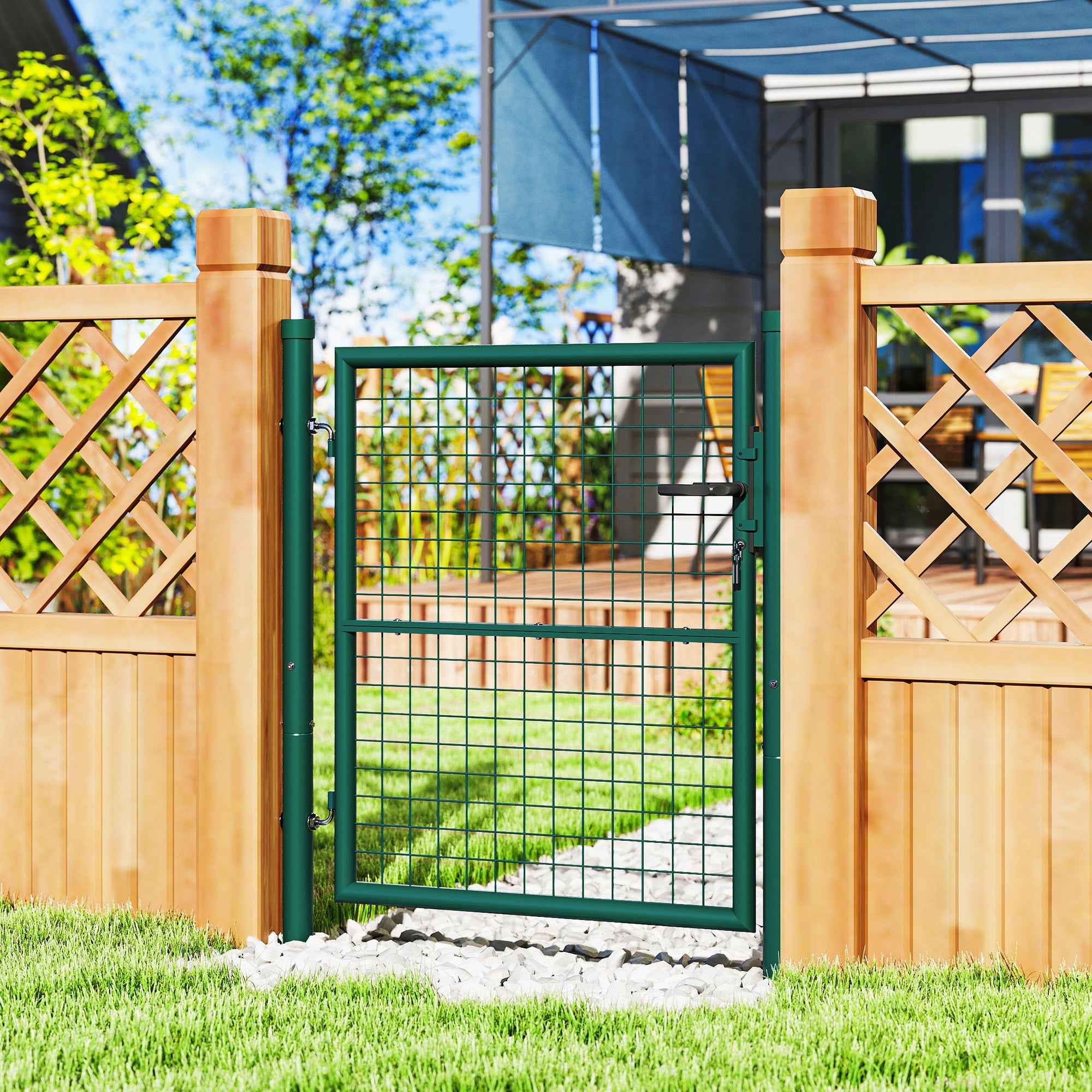 Outsunny Steel Garden Gate 97x150 cm, Garden Gate with Lock, 3 Keys, Handle and 2 Posts