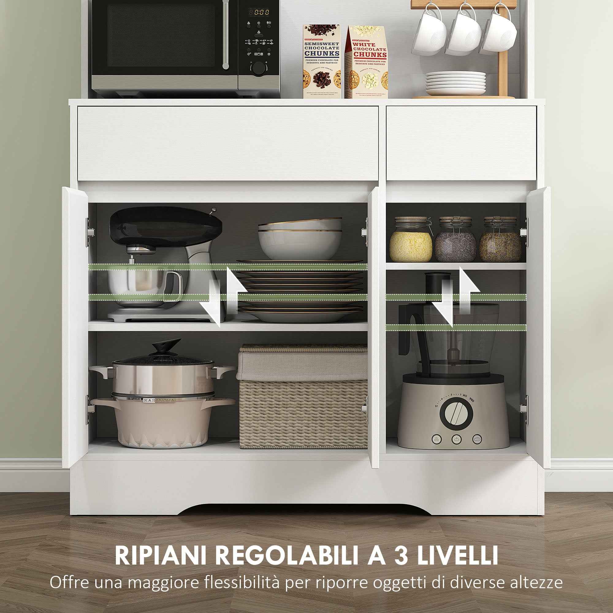 HOMCOM Modern Kitchen Sideboard with 4 Cabinets, 2 Drawers and Adjustable Shelves, 100x38x180 cm, White