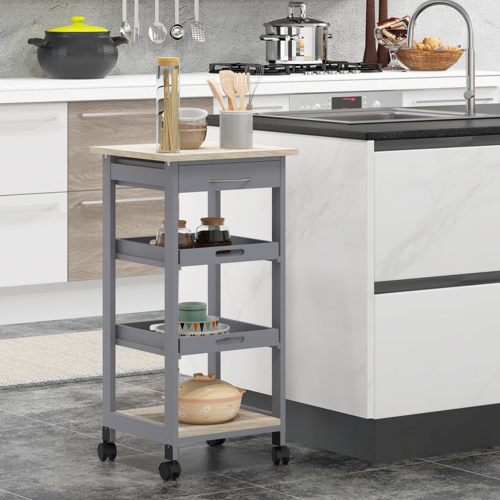 Kitchen Trolley with Drawer, 2 Pull-Out Trays and Fixed Shelf, Pine Wood and MDF, 37x37x76 cm