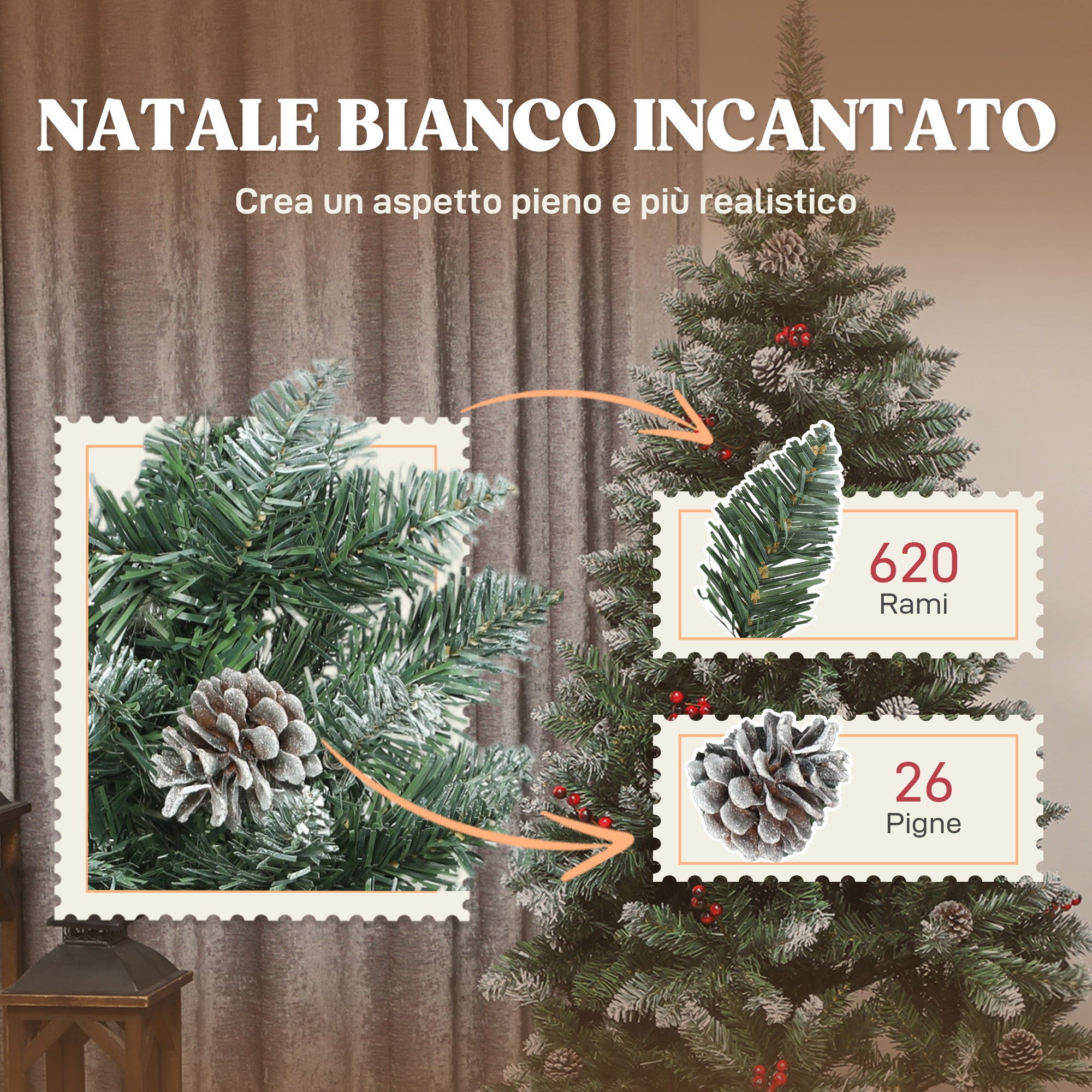 180cm Indoor Christmas Tree with 620 Branches, Pine Cones and Red Berries, Metal Base, Green