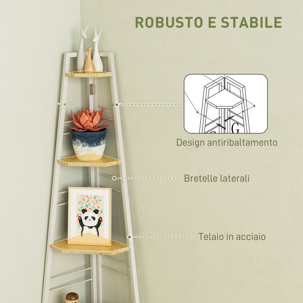 5-Tier Corner Bookcase with Folding Frame and Adjustable Feet, Wood Color
