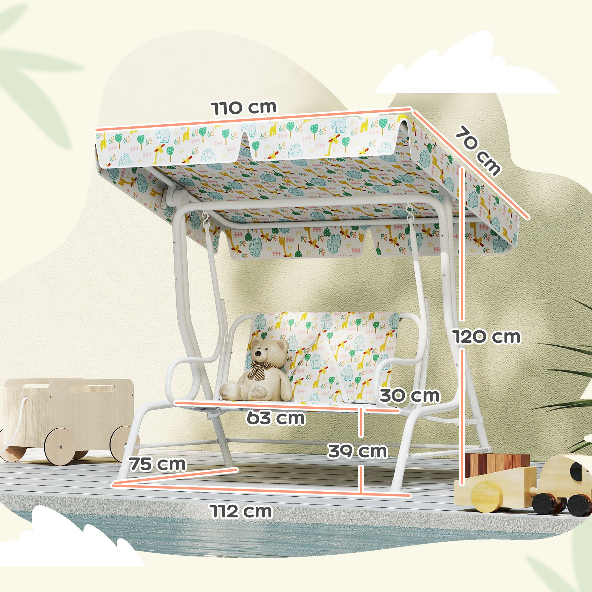 2-Seater Outdoor Children's Swing with Adjustable Canopy and Safety Belts, 112x75x120 cm, White2-Seater Outdoor Children's Swing with Adjustable Canopy and Safety Belts, 112x75x120 cm, White