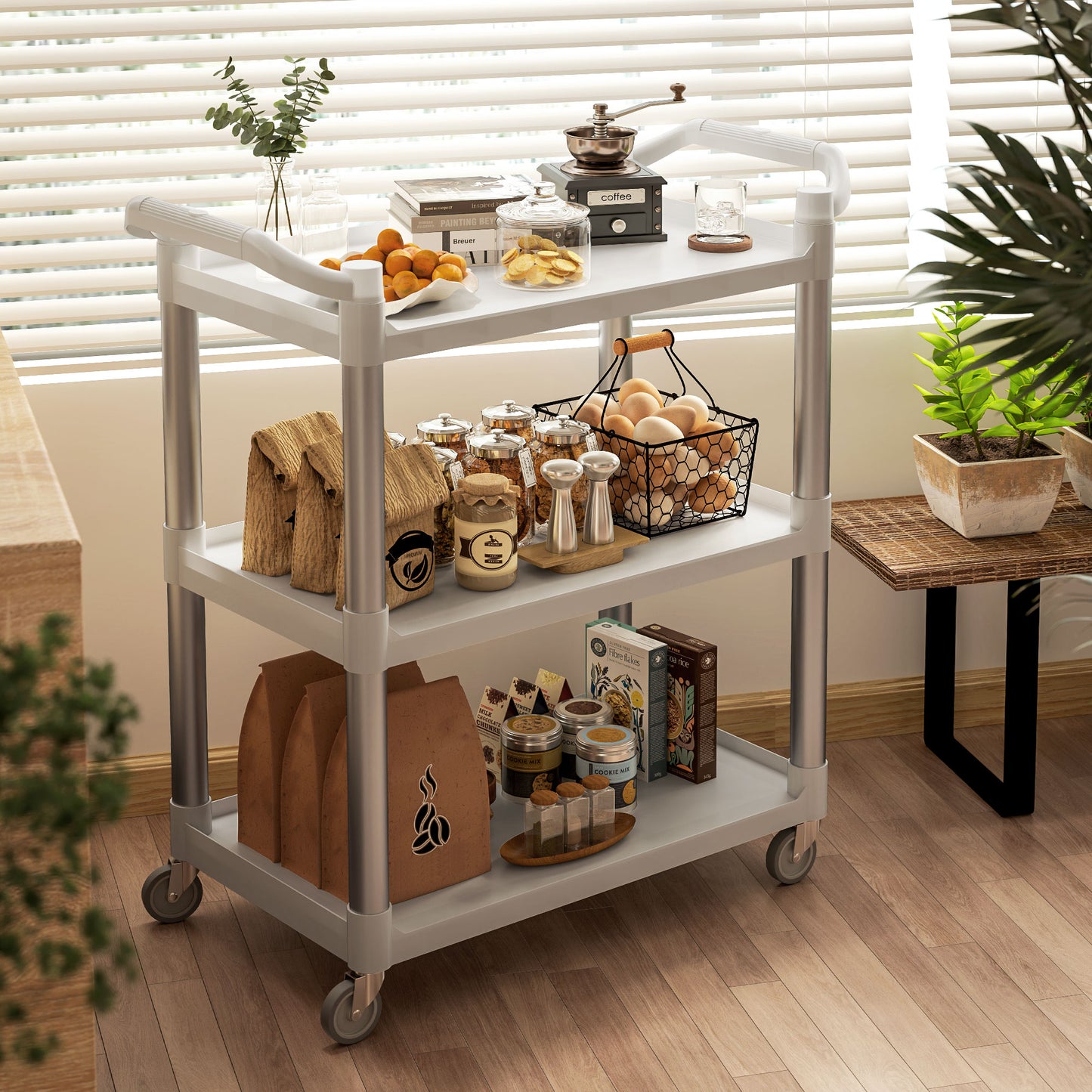 3-Tier Food Trolley in PP and Aluminum Alloy, 88x44x93 cm, White and Silver