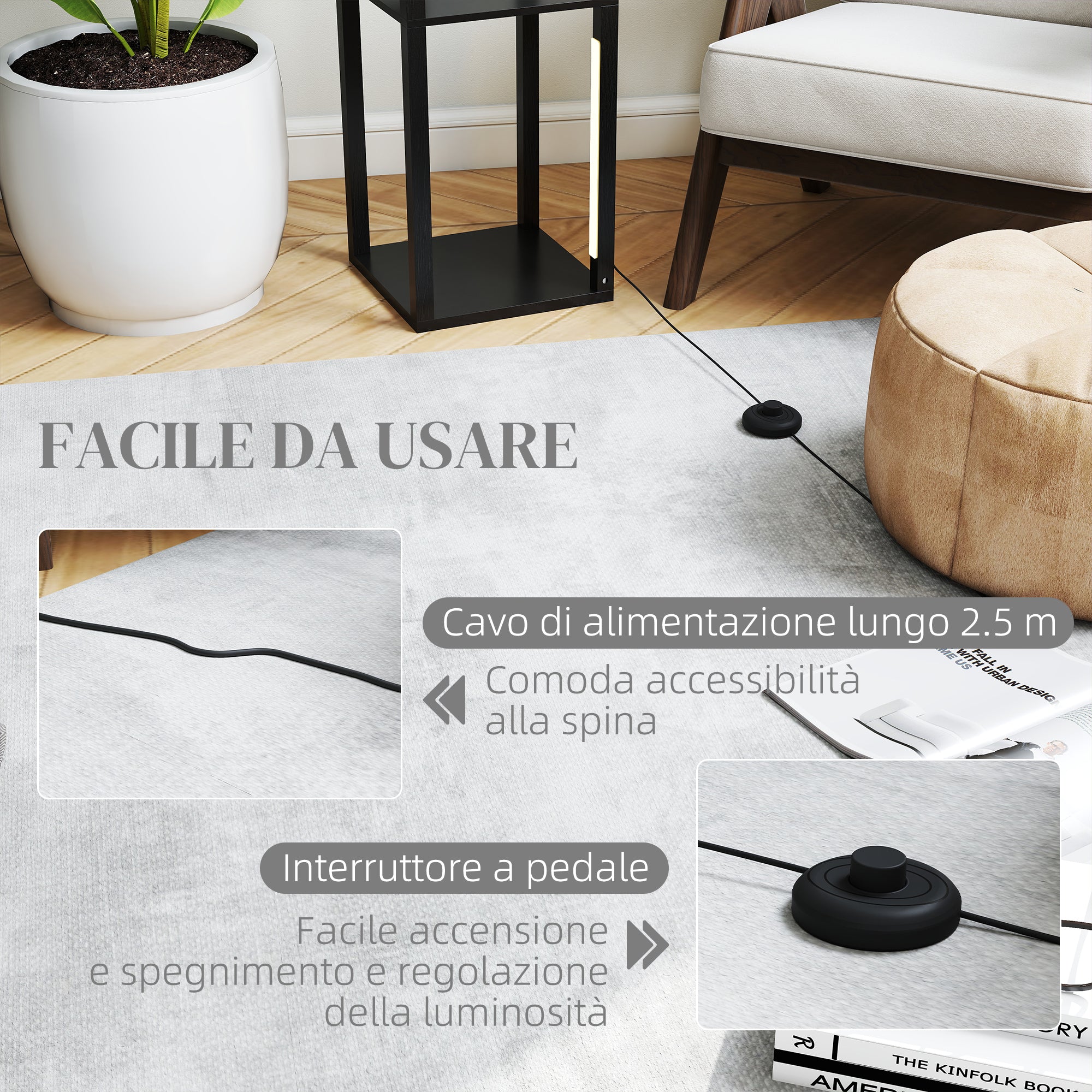 Floor Lamp with 4 Shelves, 3 Adjustable Brightness and Foot Switch, 29x29x163 cm, Black