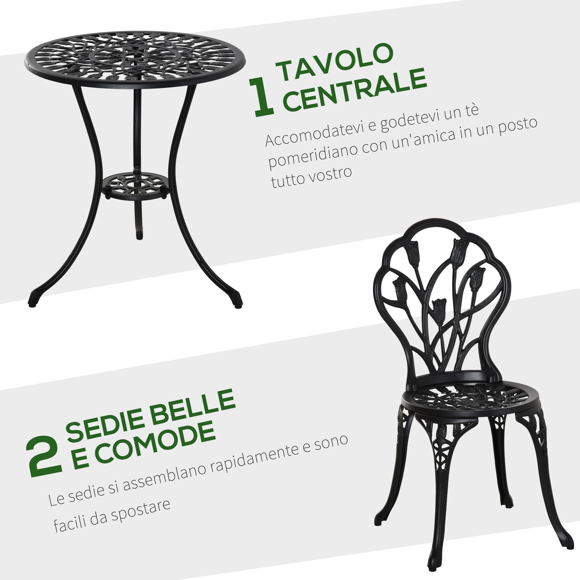 Garden Set : 3-Piece Aluminum Garden Set with 2 Chairs 42.5x47.5x89 cm and Round Coffee Table Ø60x67 cm, Black - Borgè