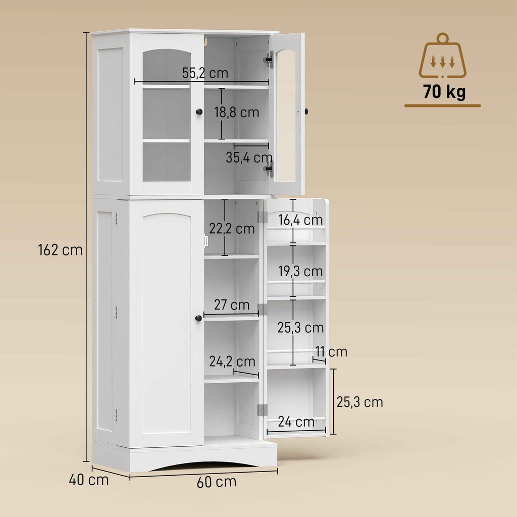 HOMCOM Kitchen Cabinet with Doors, Cupboards and Silent-Closing Hinges, Wooden, 60x40x162 cm, White