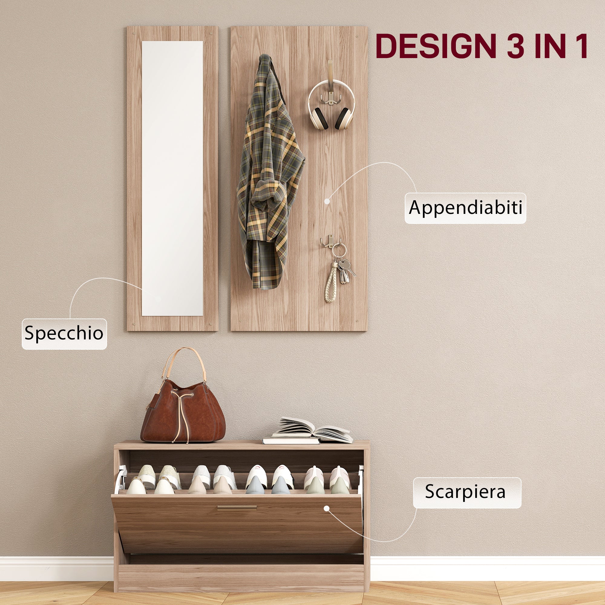 Hallway Furniture Set with Shoe Bench, Wall-Mounted Coat Rack and Mirror, 80x27x46.5 cm, Dark Brown