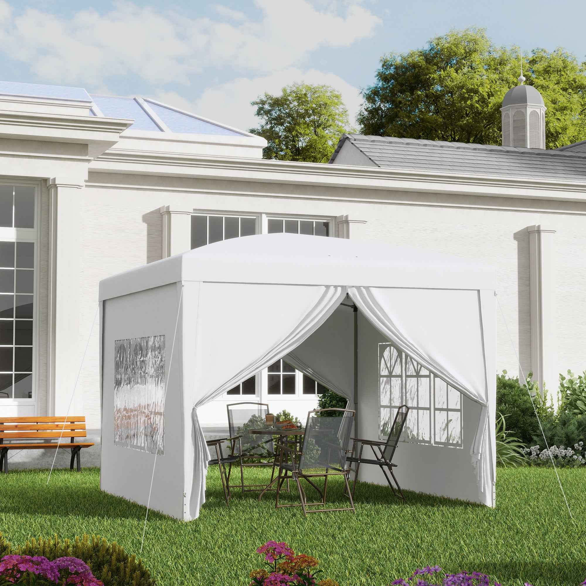 Outsunny 3x3m Folding and Waterproof Gazebo with Side Panels, Steel and Oxford Fabric, White