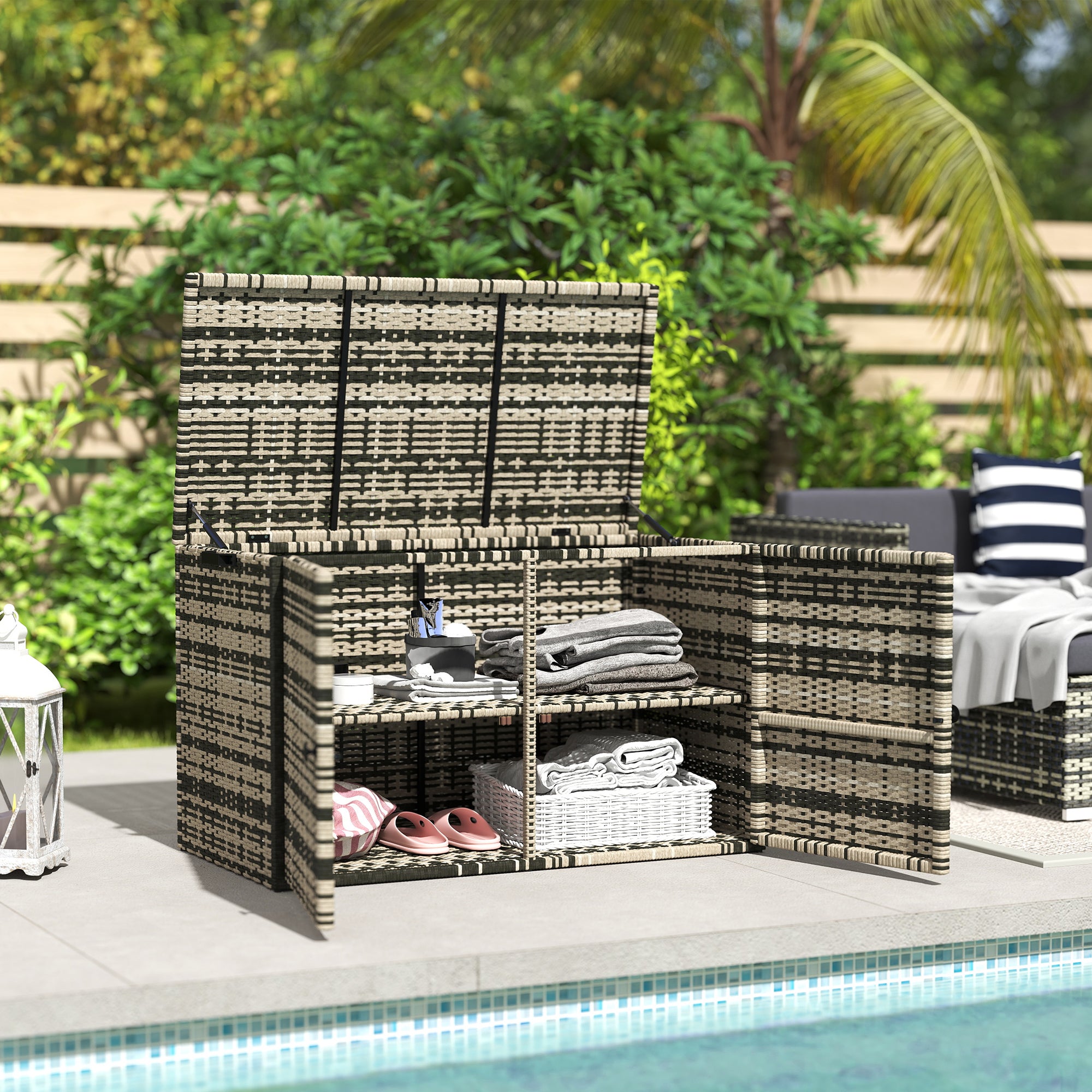 350L 2-Tier Outdoor Storage Chest with Gas Pistons, PE Rattan and Steel, 118x57x69 cm, Grey