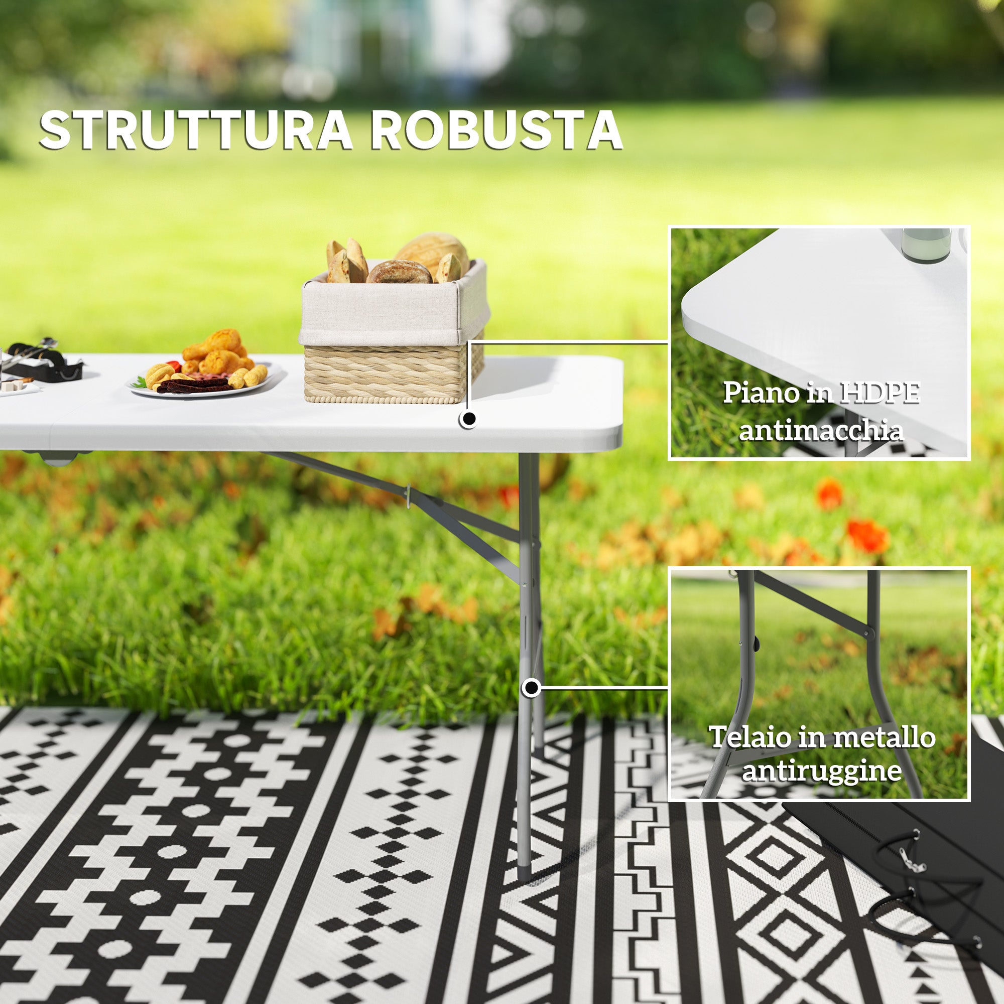 Folding Garden Table with Handle, Steel and Plastic, 180x74x74 cm, White