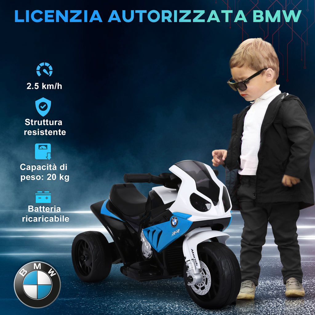 HOMCOM Electric Motorcycle for Children 18-36 Months with BMW License, 6V, with 3 Wheels, Headlights, Music, 2.5 km/h, Max 20kg, Blue