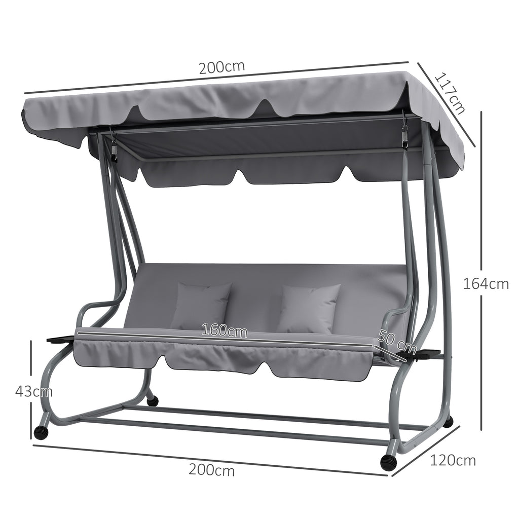 Swing Garden Bed with Adjustable Canopy and Trays, in Steel and Polyester, 200x120x164 cm, Gray - Borgè