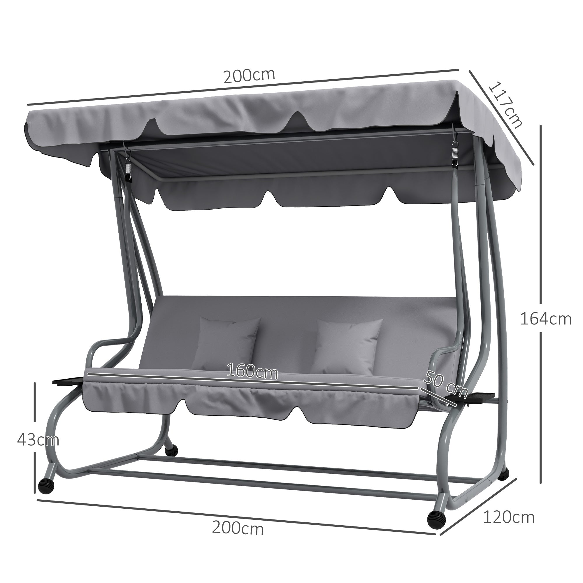 Swing Garden Bed with Adjustable Canopy and Trays, in Steel and Polyester, 200x120x164 cm, Gray - Borgè