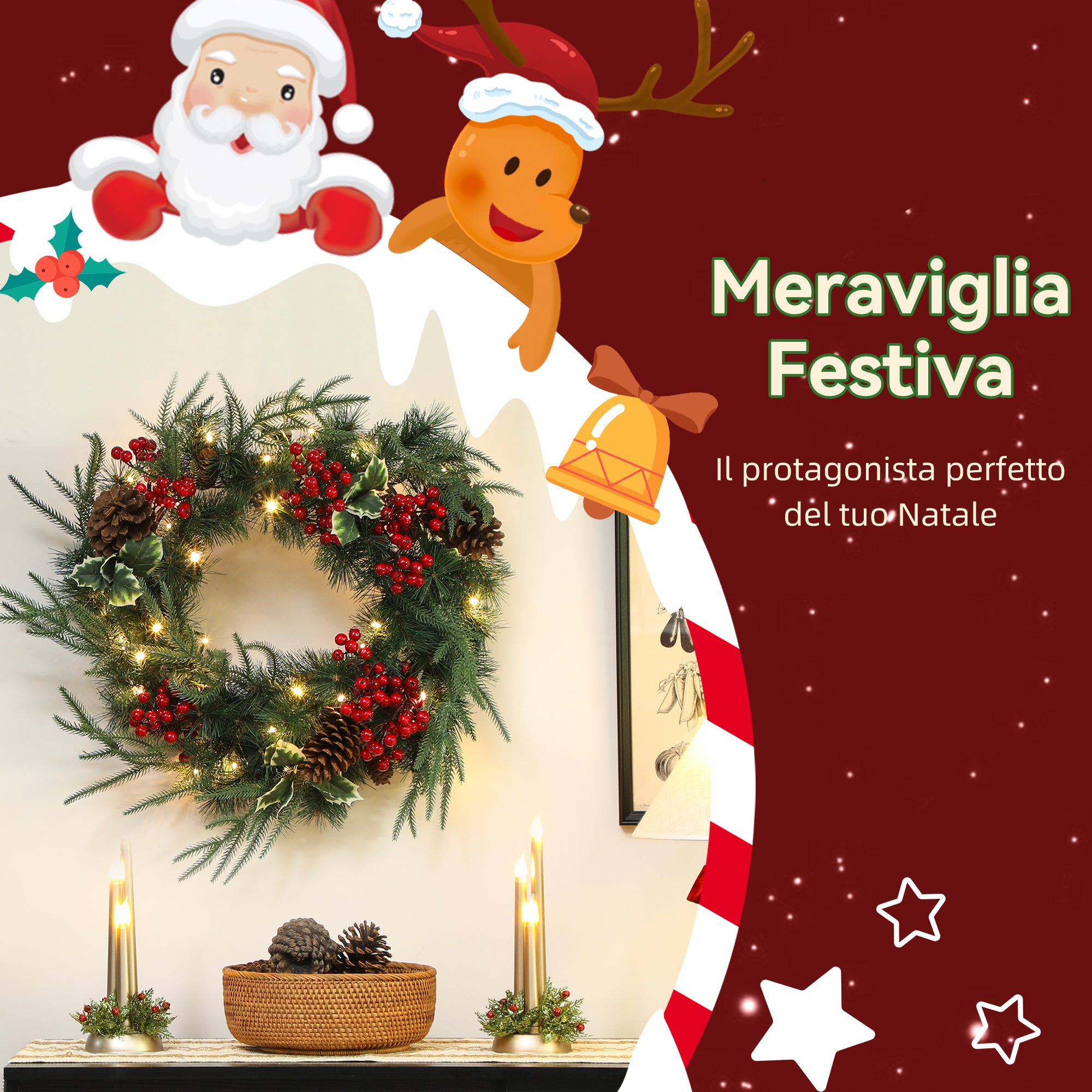 60cm Christmas Wreath with White LED Lights, Timer, Pine Cones, Berries and Holly, Green