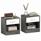 Set of 2 Modern Bedside Tables with Open Shelf and Drawer, Wooden, 39x28x41 cm, White and Dark Grey