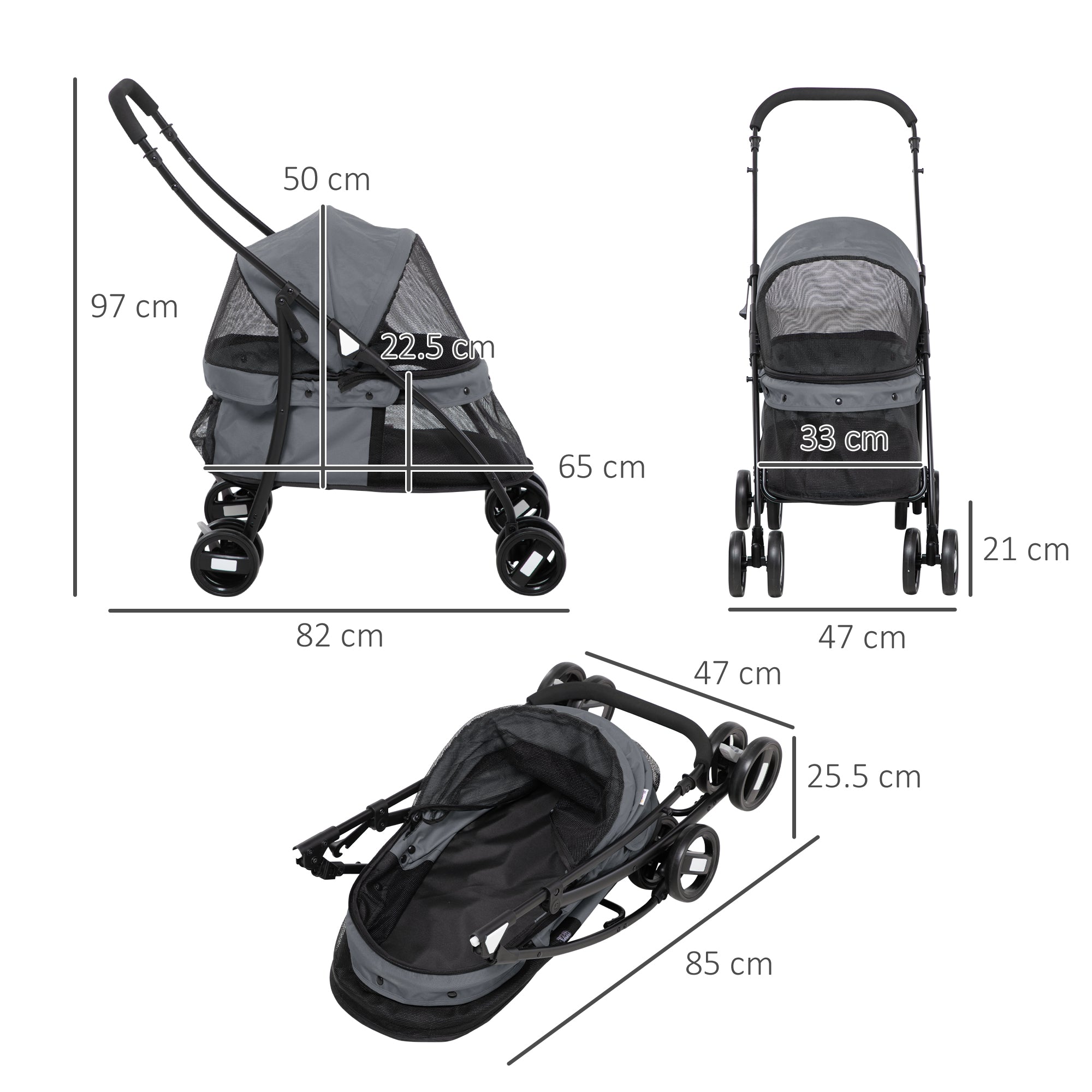 Folding Dog Stroller with Adjustable Canopy, Bag and 2 Leashes, 82x47x97 cm, Gray and Black